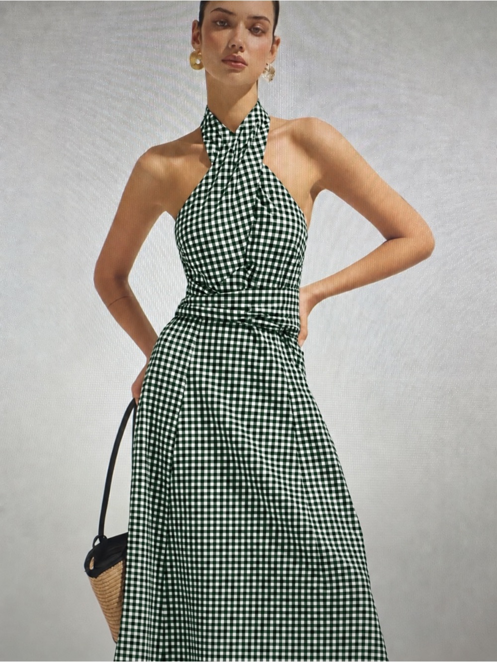 New with Tag! Commense Gingham Halter Maxi Dress in Green and White sz L - Picture 2 of 10